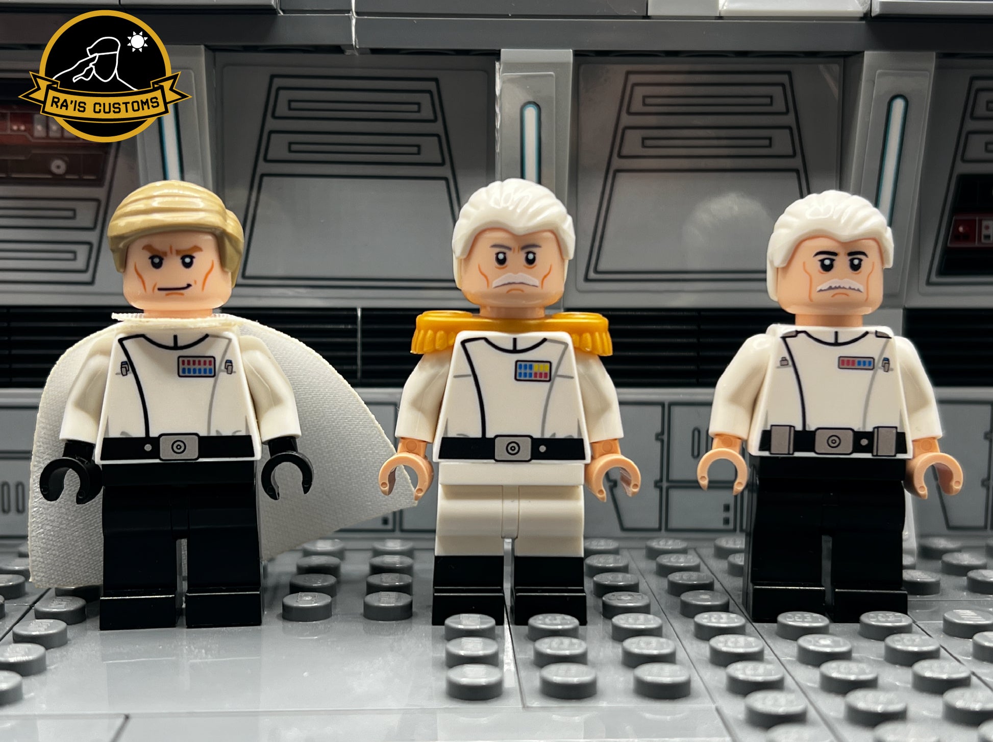 Custom LEGO minifigures of iconic Star Wars Imperial officers, including Director Krennic, Grand Admiral Pellaeon, and Colonel Yularen, created by Ra'is Customs. Featuring detailed designs with white uniforms, rank insignia, a white cape for Krennic, and distinctive facial expressions. Displayed in a Star Wars-themed diorama with a futuristic gray backdrop, perfect for LEGO collectors and Star Wars fans seeking high-quality custom figures.